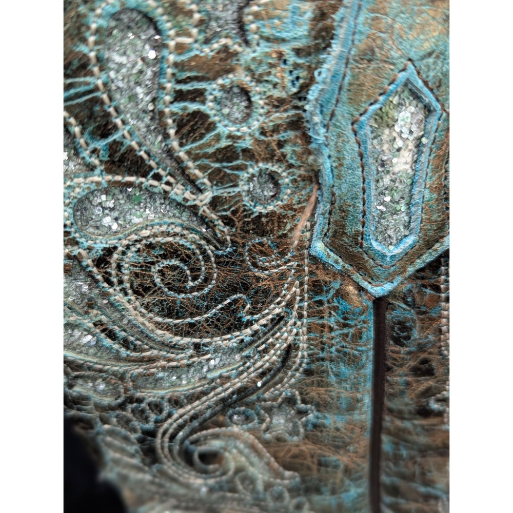 Corral Boots 7.5M Pointed Snip Toe Women Bronze/Turquoise Engraved Glitter Inlay - Picture 3 of 16